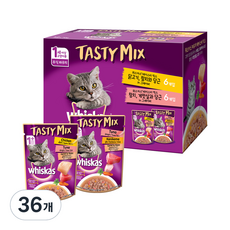 위스카스 1세 이상 고양이 테이스티믹스 베스트 믹스 습식사료 닭고기 참치와 당근 in 그레이비 + 참치 게맛살과 당근 in 그레이비, 닭, 70g, 36개