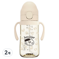 유비맘 유아 PPSU 봉주르몽 원터치 빨대컵, 280ml, 2개, 베이지