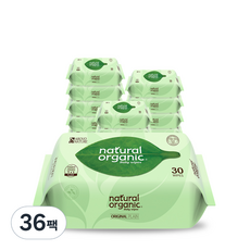 네츄럴오가닉 오리지널 플레인 유아물티슈 휴대형 50gsm, 30매입, 36개