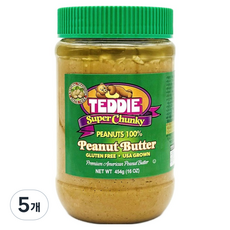 테디 100% 슈퍼청키 플라스틱병 땅콩버터, 454g, 5개