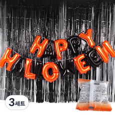 PARTYSHOW 派對銀箔流蘇窗簾 黑色 4入 + 訊息銀箔氣球套組 萬聖節快樂 + 膠點氣球貼紙, 混合顏色, 3套