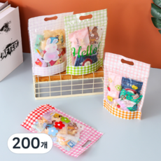 더깔끔 귀여운 손잡이 지퍼백 포장 봉투, 체크혼합(랜덤발송), 200개