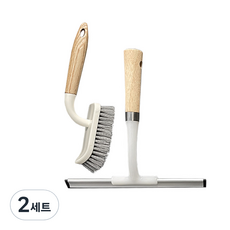 모나코올리브 나무손잡이 욕실청소 타일바닥솔 + 물기제거기 세트, 우드 + 화이트, 2세트