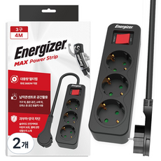 Energizer 勁量 過載保護 高容量 3680W 扁平延長線 3孔, 2個, 黑色, 4m