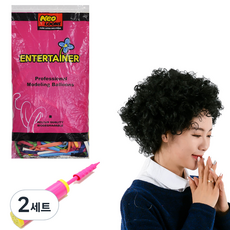 파티쇼 삐에로 풍선 가발 세트 + 손펌프 랜덤 발송, 블랙, 2세트