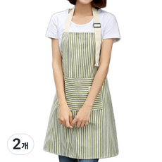 Singoon 簡約亞麻條紋圍裙, 綠色, 2個