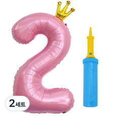 J-Balloon 鍍銀皇冠數字氣球 大 2 + 手動打氣筒組合, 2套, 粉紅色(氣球), 顏色隨機出貨(手動打氣筒)