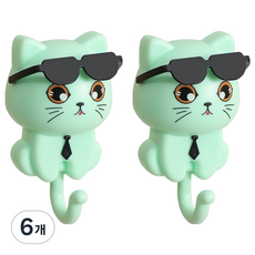 PEONIST 可愛貓咪壁掛免鑽孔掛鉤, 綠色, 6個