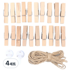 픽딜 예쁜 나무집게 원색 우드클립 S 20p + 로프 2m + 핀 2p 세트, 혼합색상, 4세트
