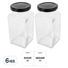 홈앤라이프 유리 양념통 사각 블랙캡 세트, 6세트, 300g 2p + 투명스티커(설탕 + 참깨)