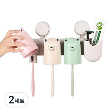 더자카 곰돌이 양치컵 + 칫솔걸이 세트 3인용, 혼합색상, 2세트