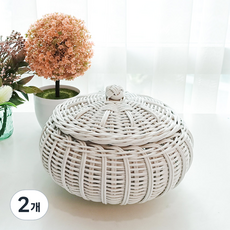 Rattan Shop 圓形帶蓋收納甕藤編籃 J073W, 白色, 2個