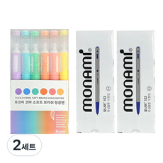 TUKOVI KOMA 軟刷螢光筆 6入組 + Monami 153 0.5mm 原子筆 24入組, 粉彩紫, 粉彩藍, 粉彩綠, 粉彩橘, 粉彩粉, 粉彩黃(螢光筆), 藍色(原子筆), 2套