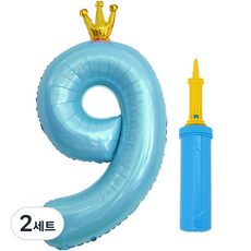 J-BALLOON 銀箔皇冠數字氣球 大 9 + 手動打氣筒套組, 2套, 藍色(氣球), 顏色隨機出貨(手動打氣筒)