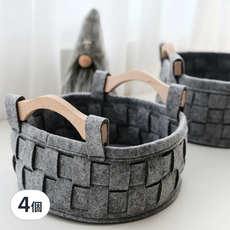 北歐木柄收納籃 21.5x12cm, 小號(直徑21.5 x 8.5cm), 4個, 毛氈