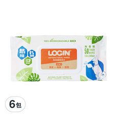 LOGIN 洛格 狗用抗菌濕巾, 50片裝, 加厚型, 100%可生物分解, 50張, 6包