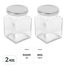 홈앤라이프 유리 양념통 사각 세트, 2세트, 용기 200g 2p + 실버캡 2p + 스티커 2p(설탕 + 마법가루)