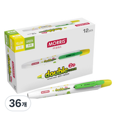 모리스 노크식 더블칼라 2 in 1형광펜, 노랑+ 녹색, 36개