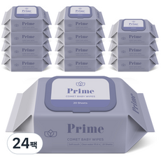 코멧 아기물티슈 프라임 휴대용 도톰한 엠보싱 캡형 더마테스트 인증, 24팩, 20매, 70g