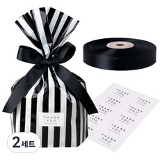 인디케이 OPP 비닐 바닥M 스트라이프 포장봉투 50p + 땡큐스티커 50p + 공단리본 22m, 블랙, 2세트