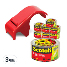 스카치 포장용 박스 테이프 디스펜서 DP-300RD + 포장용 테이프 3650 투명 48mm × 40m 8p 세트, 혼합 색상, 3세트