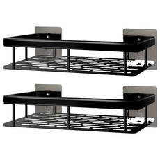 太空鋁浴室收納架 加高圍欄, 黑色四方, 2個