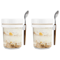 玻璃早餐燕麥杯 附湯匙 350ml, 白色, 2個