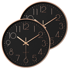 咪咪購物 北歐風靜音時鐘 靜音款, 黑底玫瑰金 + 玫瑰金字體, 2個