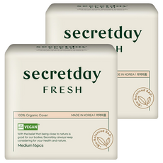 secretday FRESH 純素有機棉衛生棉, 2個, 16片, 中型