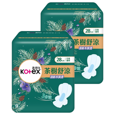 Kotex 靠得住 茶樹舒涼衛生棉 清涼木質香 蝶翼型 日夜用, 2個, 9個裝, 28cm