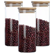 JAR嚴選 竹木蓋高硼矽玻璃密封儲物保鮮罐, 400ml, 3個