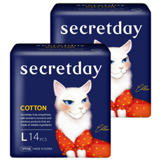 secretday 純棉表層衛生棉 蝶翼型, 2套, 14個裝, L(29cm)