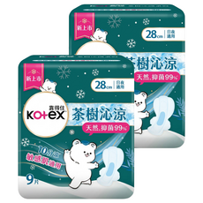 Kotex 靠得住 茶樹沁涼衛生棉 抑菌款 日夜用 蝶翼型, 2套, 9個裝, 28cm