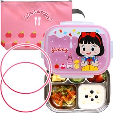 Little Me 嬰幼兒不鏽鋼餐盒套組 (附矽膠圈), 不鏽鋼便當盒+矽膠圈 2入+便當袋, 1組, 蘋果公主(餐盒)+粉色(矽膠圈)