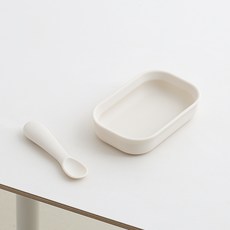 TACKAON 嬰幼兒用 123 矽膠長碗 + 自主學習湯匙 + 湯匙盒套組, 1套, 長碗 + 湯匙 + 湯匙盒, 象牙白