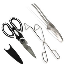 Livingglory 料理剪刀 + 安全蓋 + 不鏽鋼肉類鑷夾 + 三角夾組合, 1套, 混合顏色, 剪刀 + 安全蓋 + 鑷子夾 + 三角夾