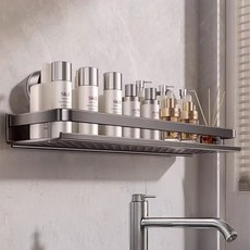 Hanbomnuri無打孔排水浴室置物架吸附式一字型籃子, 深灰色, 1個