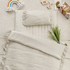 BAZAAR 孩童格紋午睡被+枕頭+記憶棉薄睡墊, 米色