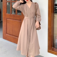 Diamang 女款 Wicia 細褶襯衫腰帶長版連身裙 DI-20003 含大尺碼, 米色