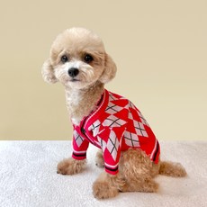 Grooming Dog 寵物經典菱格紋針織開襟衫, 紅色