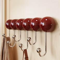 Ttabongoppa 吸盤式免鑽孔大圓球造型門後掛鉤 6鉤 JNHA2309, 紅色, 1個