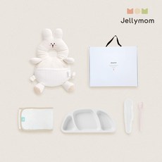 jellymom 新生兒禮盒 護頭防摔背帶枕+矽膠托盤+輔食湯匙+包巾組, 兔奶油(保護套)、白色(盤)、淡粉紅色(湯匙), 1組