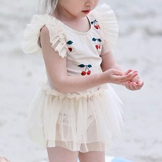 woojooi 女童櫻桃啾啾連身泳裝 + 泳帽套裝