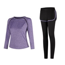 女款時尚瑜伽長袖T恤 紫色+短褲內搭褲組