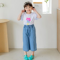 Lala Amang 女童款鬆緊綁帶牛仔寬褲