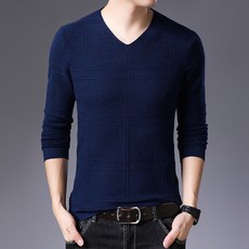남성용 DM 라인체크 슬림 브이넥 봄 니트