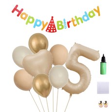 MINITTINE 愛心數字5氣球 馬卡龍金色 80cm + 生日快樂彩虹拉旗 + 3種乳膠氣球 x 2個 + 馬卡龍金色愛心氣球 + 緞帶繩 + 玫瑰金色緞帶繩 2個 + 海綿點膠 + 打氣筒 隨機出貨 套組, 混合色, 1套