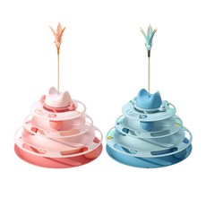 Morepet羽毛棒4層球桌貓咪玩具 2件組, 1套, 粉色, 藍色