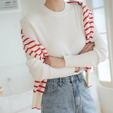 빼빼 여성용 라운드넥 골지 슬림 니트 티셔츠