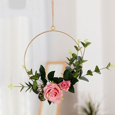 Home Cafe室內裝飾牆面裝飾花朵裝飾 12 圓形 粉紅玫瑰, 玫粉色+綠色